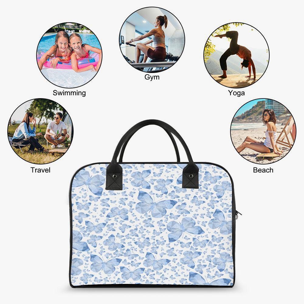 Blue Butterflies In White Large Travel Handbag