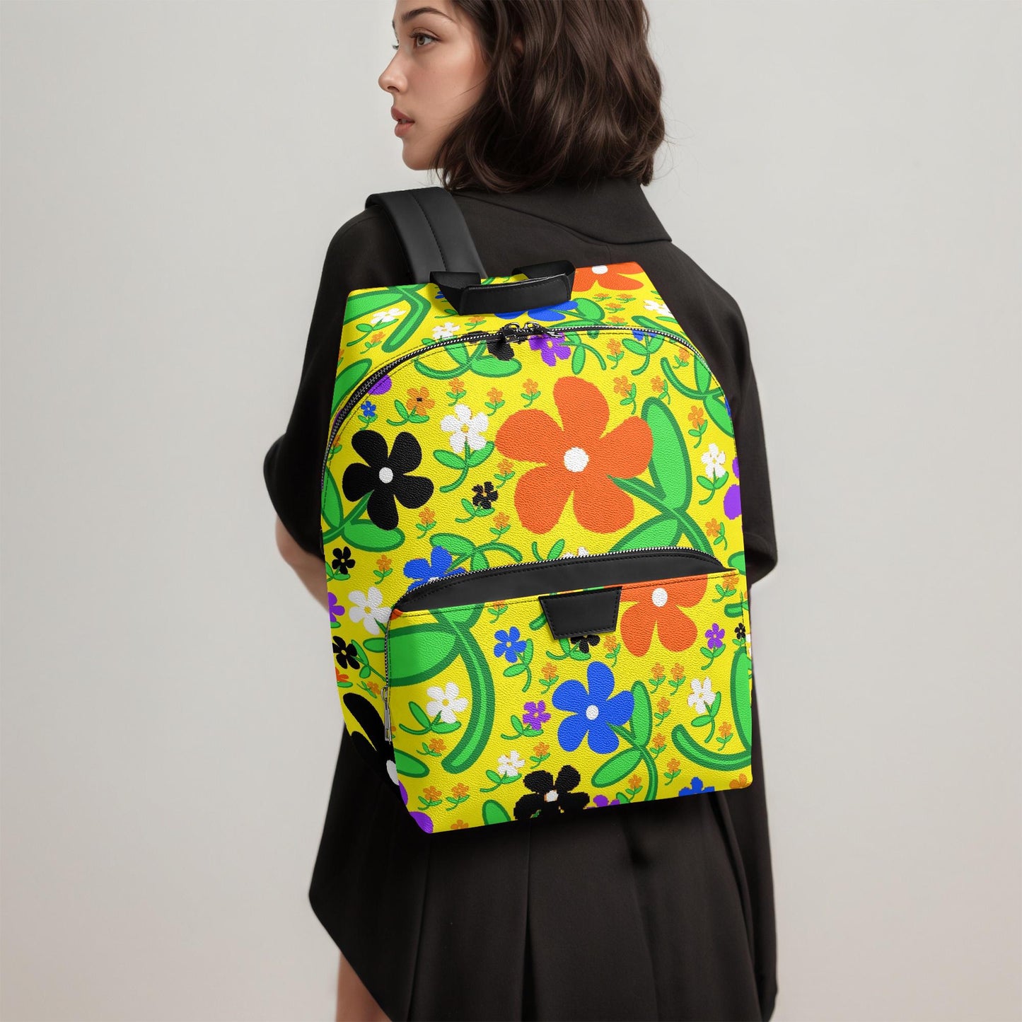 Colorful Flower Zipper-up Leather Backpack