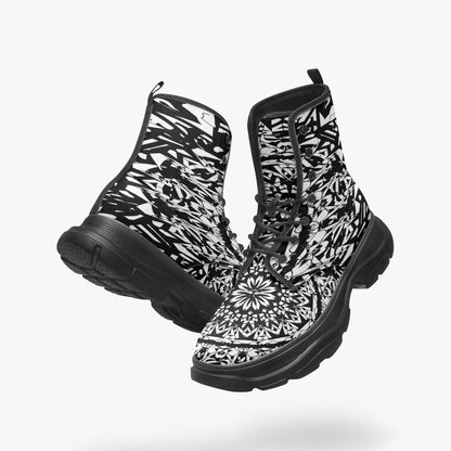 Flower Bloom In Black Casual Leather Chunky Boots