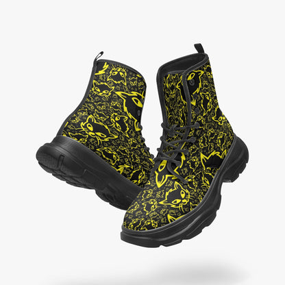 Black Yellow Mellow Casual Leather Chunky Boots