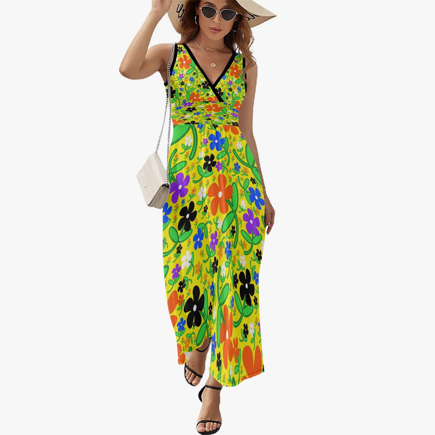 Colorful Flowers V-neck Sleeveless Dress