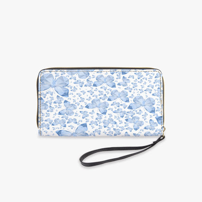 Blue Butterflies In White Leather Wristlet Clutch Wallet