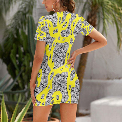 Skulls In Yellow Slim-fit Short-sleeved Dress