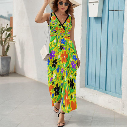 Colorful Flowers V-neck Sleeveless Dress