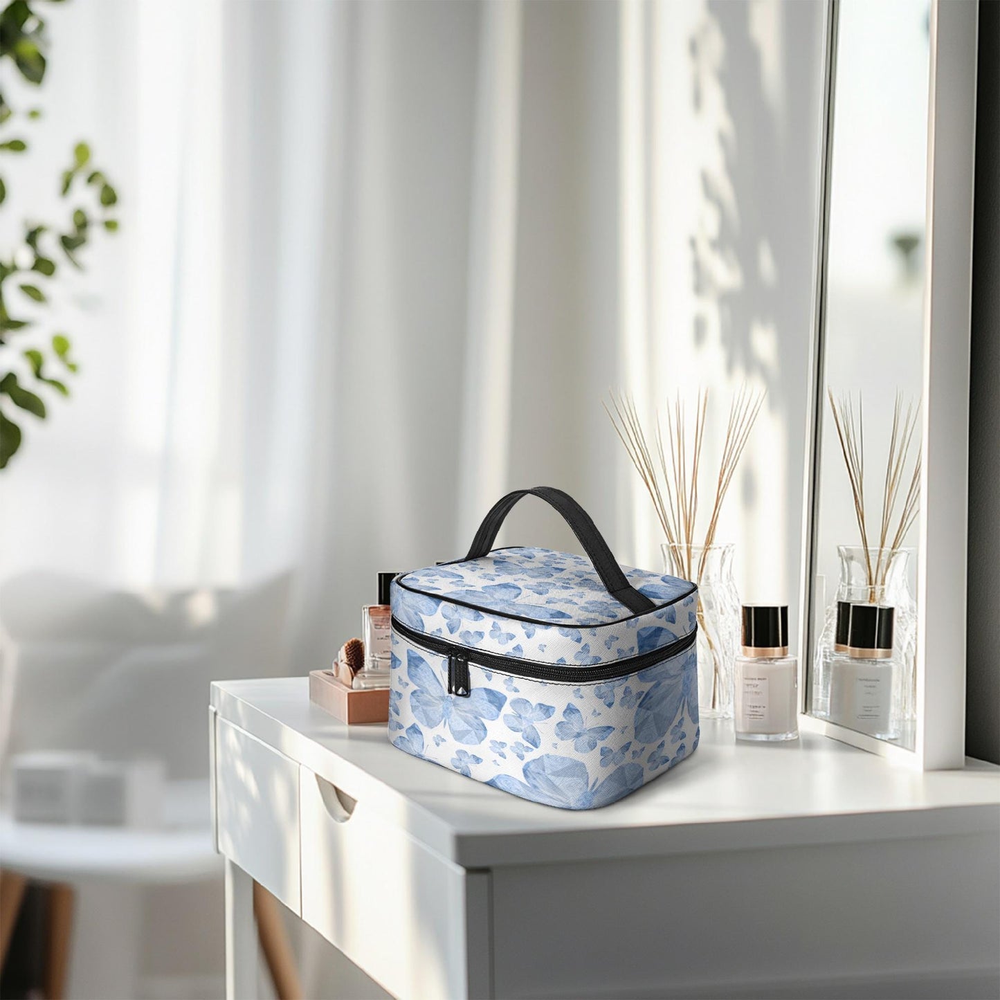 Blue Butterflies In White Travel Makeup Bag