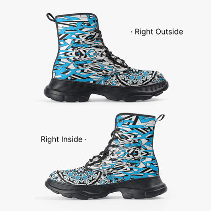 Flower Bloom In Blue Casual Leather Chunky Boots