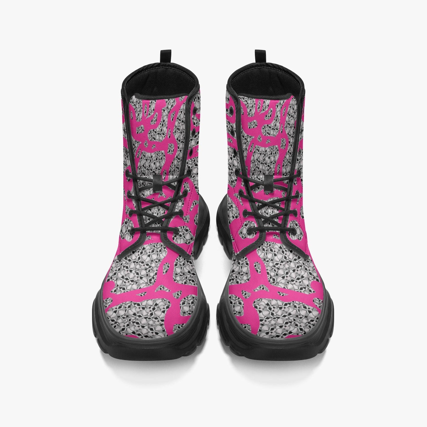 Skulls In Pink Casual Leather Chunky Boots
