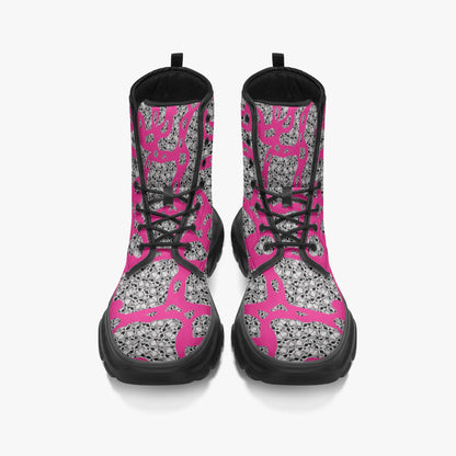 Skulls In Pink Casual Leather Chunky Boots