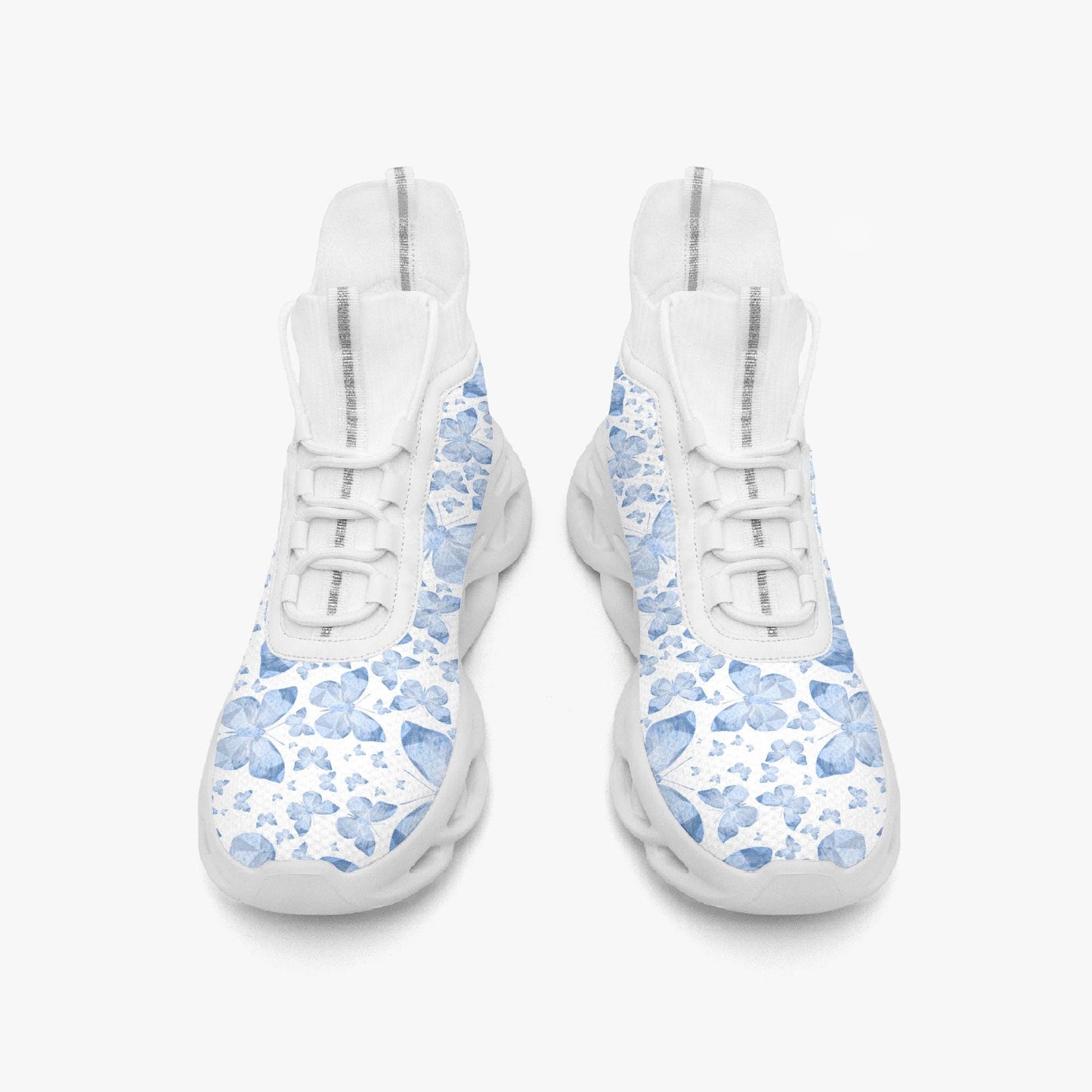 Blue Butterflies In White High-top Bounce Mesh Knit Sneakers