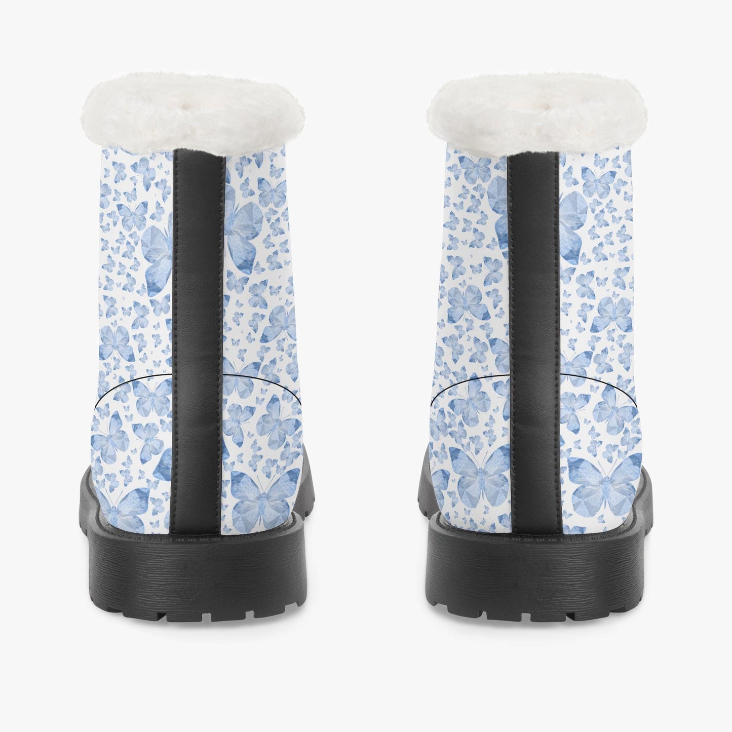 Blue Butterflies In White Faux Fur Leather Boots