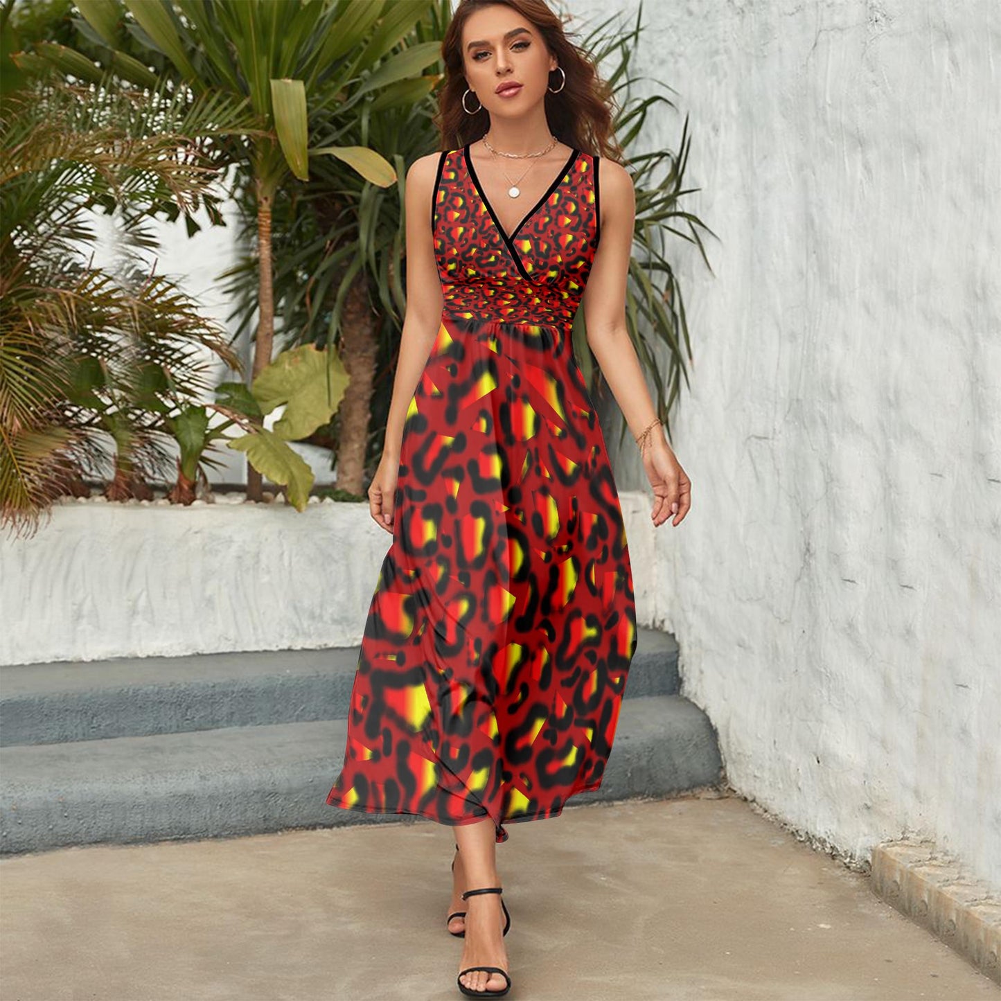 Vibrant nimal Print V-neck Sleeveless Dress