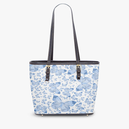 Blue Butterflies In White Medium Leather Tote Bag for Women