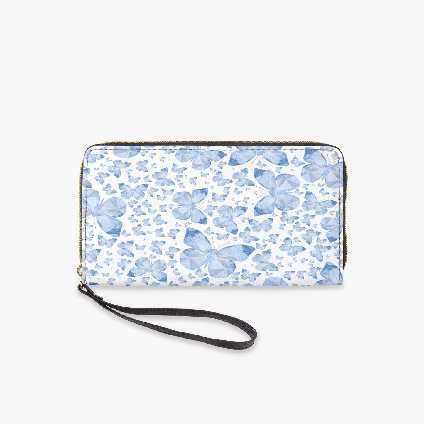 Blue Butterflies In White Leather Wristlet Clutch Wallet