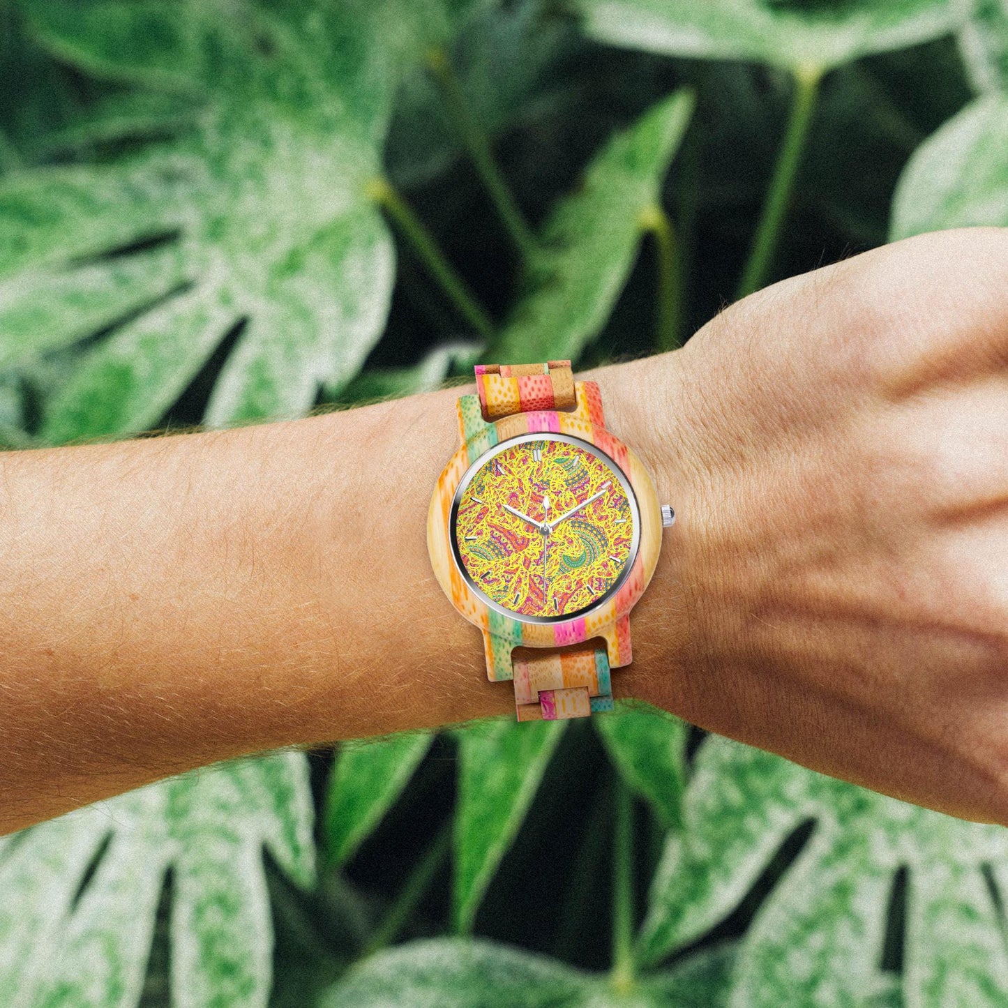 Festive Fun Camouflage Wooden Watch - Green&Pink