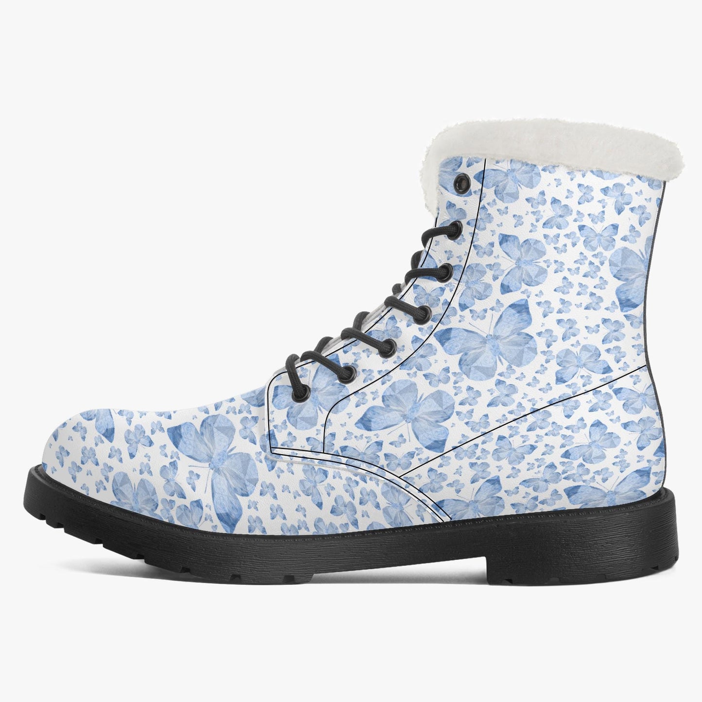 Blue Butterflies In White Faux Fur Leather Boots