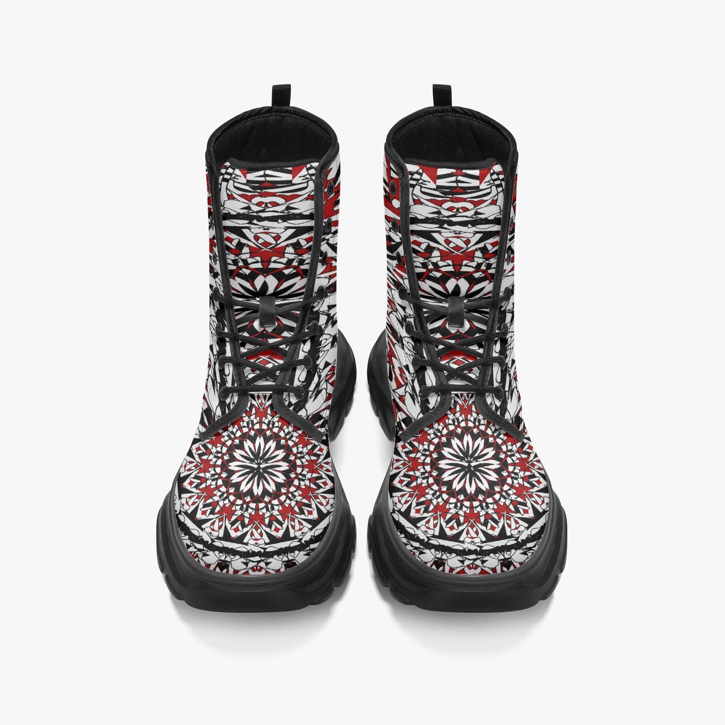 Flower Bloom  In Red Casual Leather Chunky Boots
