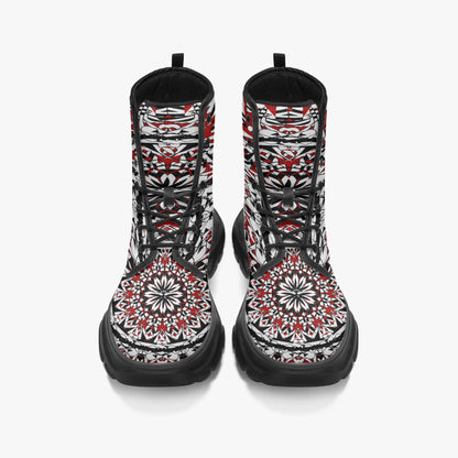 Flower Bloom  In Red Casual Leather Chunky Boots