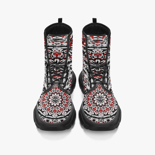 Flower Bloom  In Red Casual Leather Chunky Boots