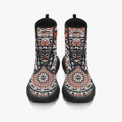 Flower Bloom In Orange Casual Leather Chunky Boots