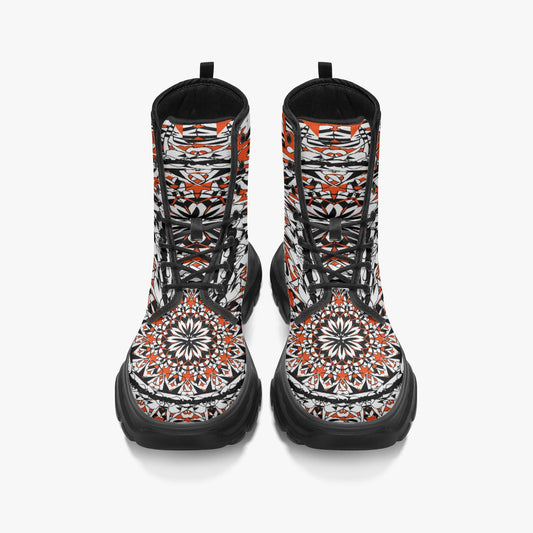 Flower Bloom In Orange Casual Leather Chunky Boots