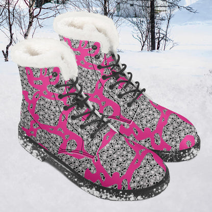 Skulls In Pink Faux Fur Leather Boots