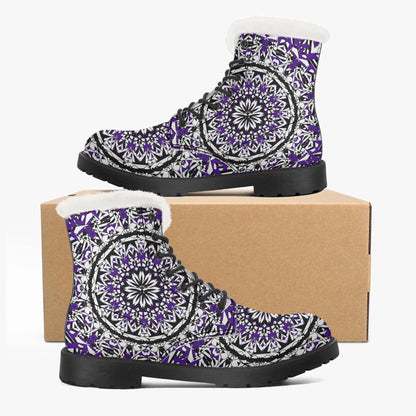 Flower Bloom In Purple Faux Fur Leather Boots
