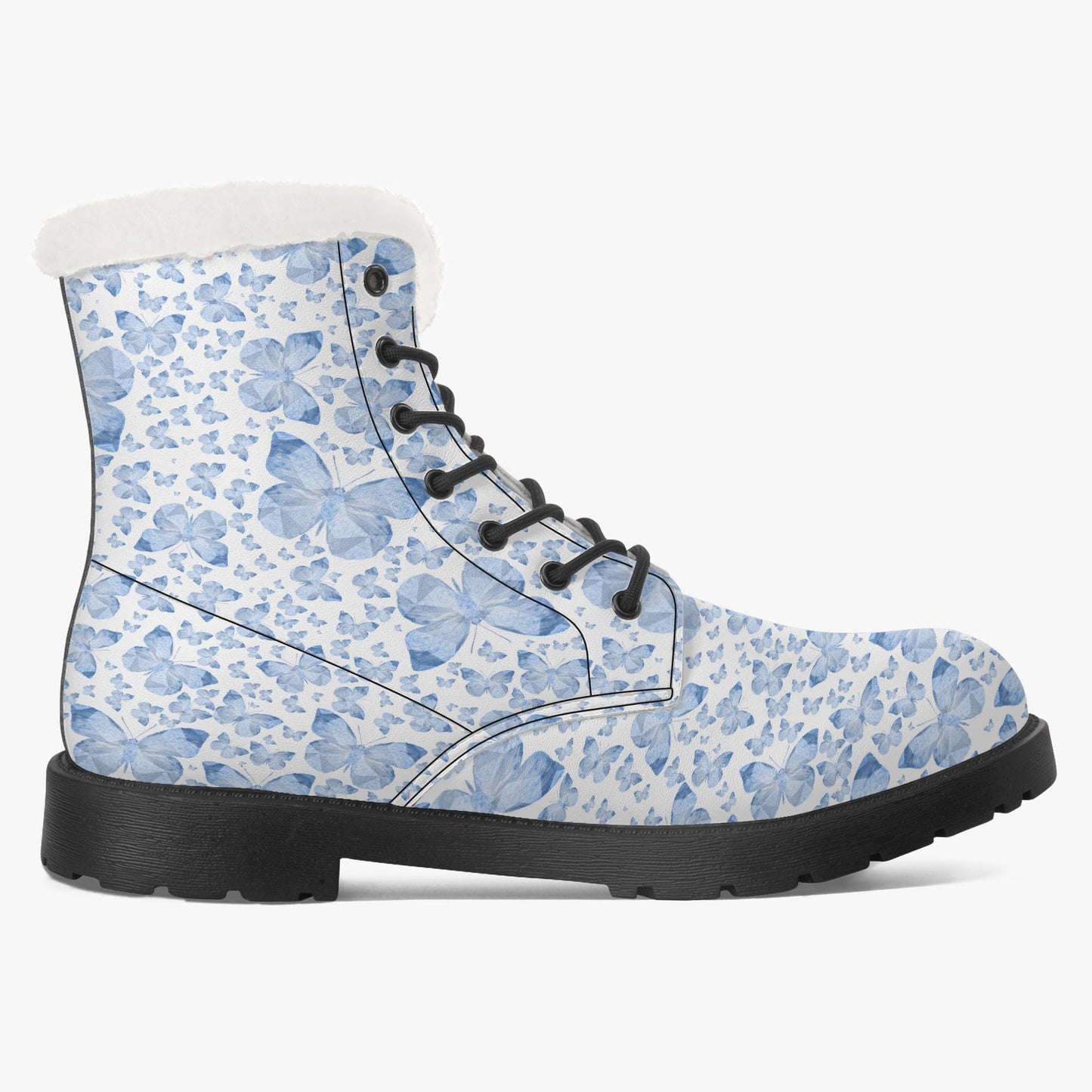 Blue Butterflies In White Faux Fur Leather Boots