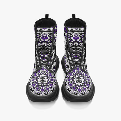 Flower Bloom In Purple Casual Leather Chunky Boots