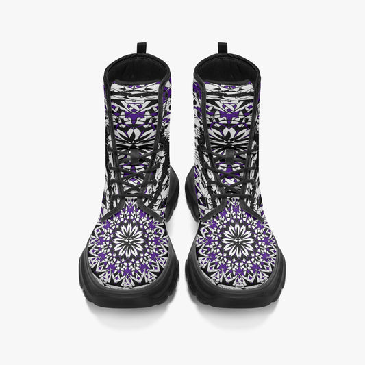Flower Bloom In Purple Casual Leather Chunky Boots