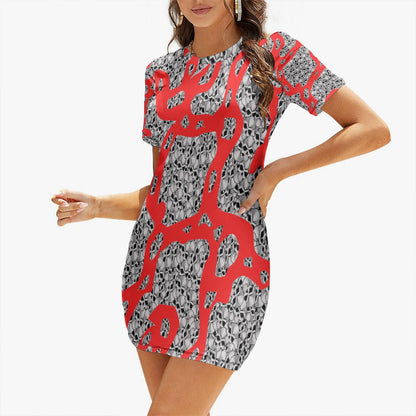 Skulls In Red Slim-fit Short-sleeved Dress