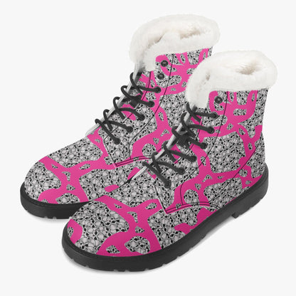 Skulls In Pink Faux Fur Leather Boots